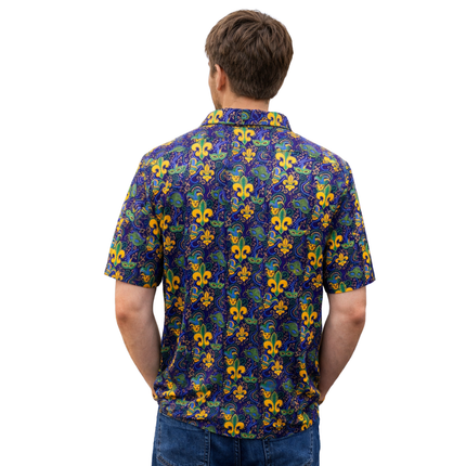 Mardi Gras Fleur de Lis Printed Polo Shirt - Mardi Gras Apparel - Adult Unisex, Button Up, Collared - Rugby Polo