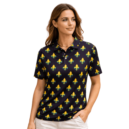 Mardi Gras Fleur de Lis Printed Polo Shirt - Mardi Gras Apparel - Adult Unisex, Button Up, Collared - Rugby Polo