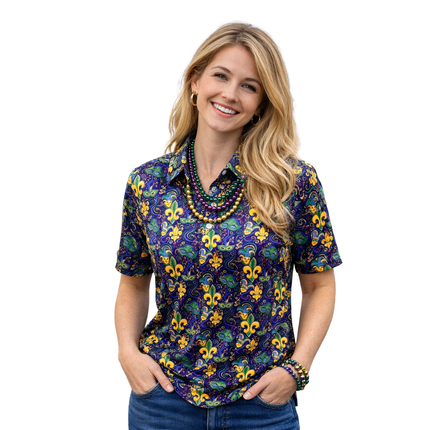 Mardi Gras Fleur de Lis Printed Polo Shirt - Mardi Gras Apparel - Adult Unisex, Button Up, Collared - Rugby Polo