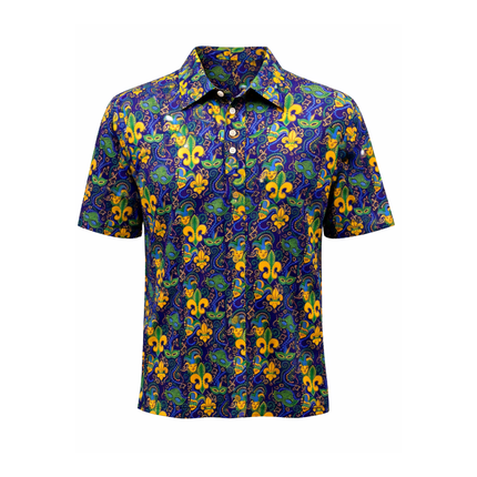 Mardi Gras Fleur de Lis Printed Polo Shirt - Mardi Gras Apparel - Adult Unisex, Button Up, Collared - Rugby Polo