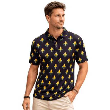 Mardi Gras Fleur de Lis Printed Polo Shirt - Mardi Gras Apparel - Adult Unisex, Button Up, Collared - Rugby Polo