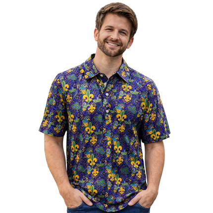 Mardi Gras Fleur de Lis Printed Polo Shirt - Mardi Gras Apparel - Adult Unisex, Button Up, Collared - Rugby Polo