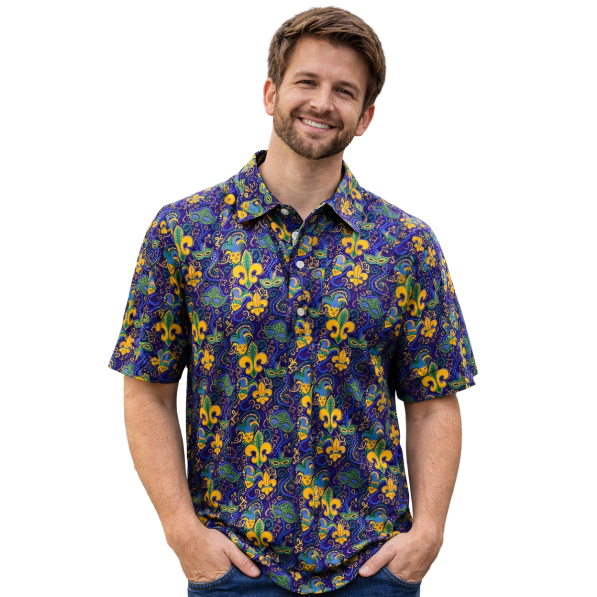 Mardi Gras Fleur de Lis Printed Polo Shirt Adult LG