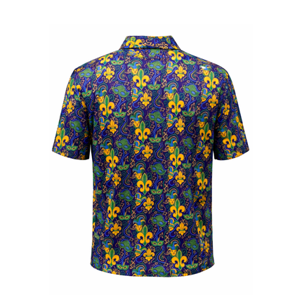 Mardi Gras Fleur de Lis Printed Polo Shirt - Mardi Gras Apparel - Adult Unisex, Button Up, Collared - Rugby Polo