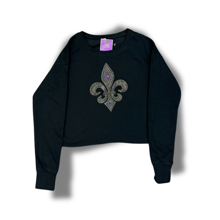 Mardi Gras Fleur De Lis Sequin Cropped Sweatshirt - Mardi Gras Apparel - Adult, Ladies, Mardi Gras - Sweatshirt