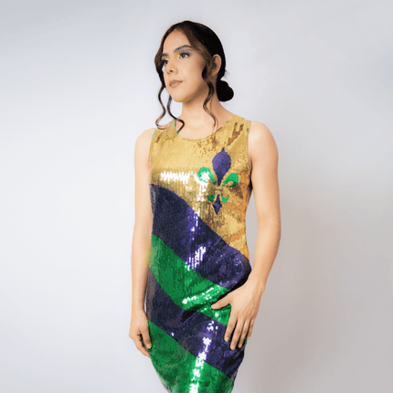 Mardi Gras Fleur - de - Lis Sequin Dress - Mardi Gras Apparel - Dress, Gold, Green - Dress