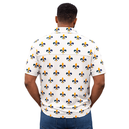 Mardi Gras Fleur de Lis White Polo Shirt Classic All - Over Print - Mardi Gras Apparel - Adult Unisex, Button Up, Collared - Rugby Polo