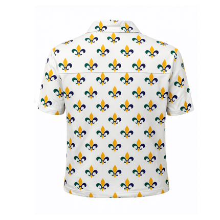 Mardi Gras Fleur de Lis White Polo Shirt Classic All - Over Print - Mardi Gras Apparel - Adult Unisex, Button Up, Collared - Rugby Polo