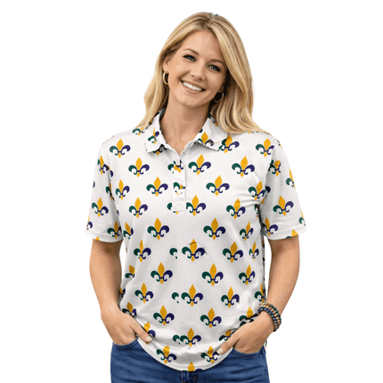 Mardi Gras Fleur de Lis White Polo Shirt Classic All - Over Print - Mardi Gras Apparel - Adult Unisex, Button Up, Collared - Rugby Polo