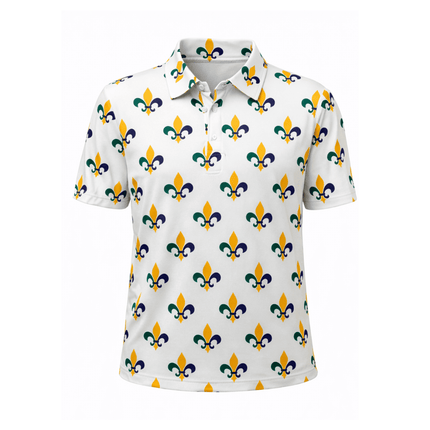 Mardi Gras Fleur de Lis White Polo Shirt Classic All - Over Print - Mardi Gras Apparel - Adult Unisex, Button Up, Collared - Rugby Polo