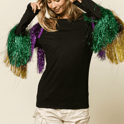 Mardi Gras Fringe Sleeve Party Black Top - Mardi Gras Apparel - Adult, Bibi, Bibi Top Chart - Fringe