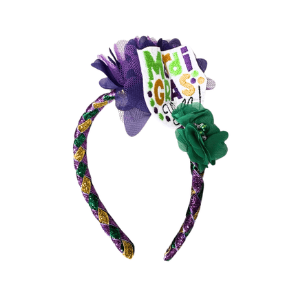 Mardi Gras Glitter Headband with Fleur De Lis & Fabric Accents - Mardi Gras Apparel - Accessories, Headbands, Mardi Gras - Headband