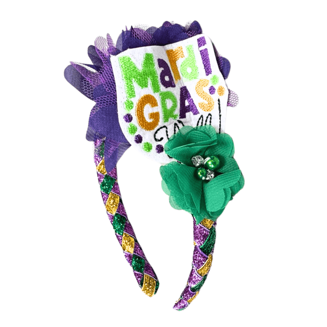 Mardi Gras Glitter Headband with Fleur De Lis & Fabric Accents - Mardi Gras Apparel - Accessories, Headbands, Mardi Gras - Headband