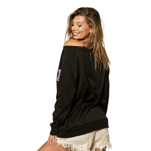 Mardi Gras Glitter Letter Black Pullover - Mardi Gras Apparel - Adult, Front Design, Ladies - 