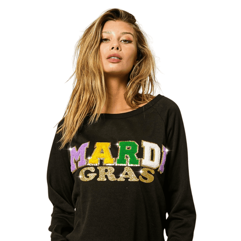 Mardi Gras Glitter Letter Black Pullover - Mardi Gras Apparel - Adult, Front Design, Ladies - 