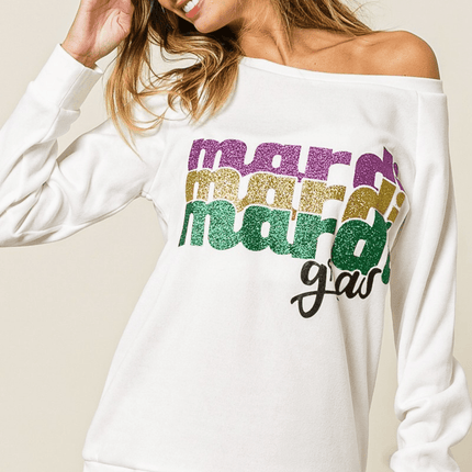 Mardi Gras Glitter Lettering Pullover - Mardi Gras Apparel - Adult, Bibi, Bibi Top Chart - Sweatshirt