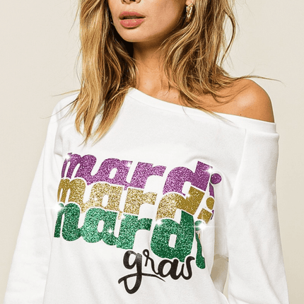 Mardi Gras Glitter Lettering Pullover - Mardi Gras Apparel - Adult, Bibi, Bibi Top Chart - Sweatshirt