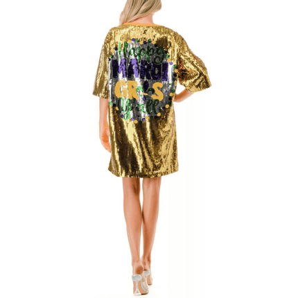 Mardi Gras Gold Mask Sequin Dress - Mardi Gras Apparel - Adult, Back Design, Dress - Dress