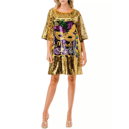 Mardi Gras Gold Mask Sequin Dress - Mardi Gras Apparel - Adult, Back Design, Dress - Dress