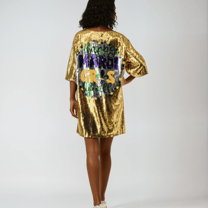 Mardi Gras Gold Mask Sequin Dress - Mardi Gras Apparel - Adult, Back Design, Dress - Dress