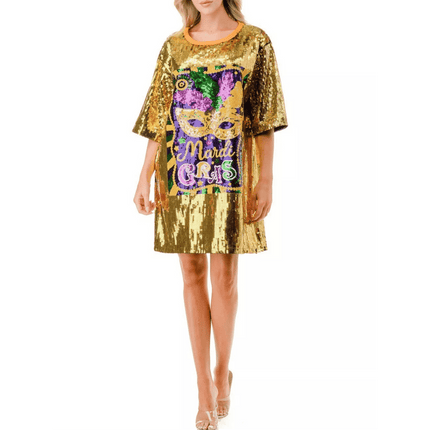 Mardi Gras Gold Mask Sequin Dress - Mardi Gras Apparel - Adult, Back Design, Dress - Dress