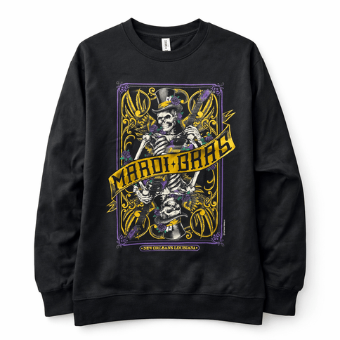 Mardi Gras Gothic Skeleton Crewneck Sweatshirt – New Orleans Edition - Mardi Gras Apparel - 100% Cotton, Adult, apparel discount tier - Sweatshirt