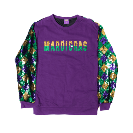 Mardi Gras Harlequin Sequin Sleeve Sweatshirt - Mardi Gras Apparel - Adult, Gold, Green - Sweatshirt