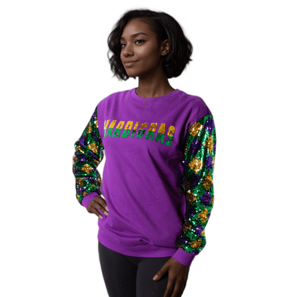 Mardi Gras Harlequin Sequin Sleeve Sweatshirt - Mardi Gras Apparel - Adult, Gold, Green - Sweatshirt