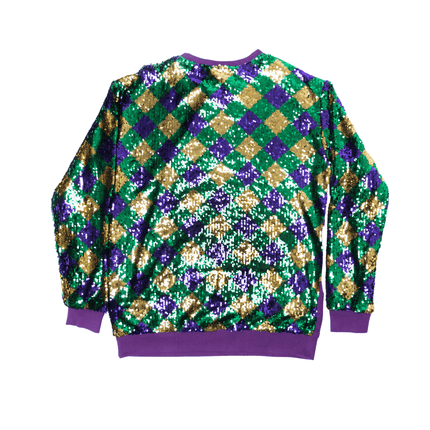 Mardi Gras Harlequin Sequin Sleeve Sweatshirt - Mardi Gras Apparel - Adult, Gold, Green - Sweatshirt