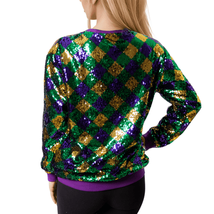 Mardi Gras Harlequin Sequin Sleeve Sweatshirt - Mardi Gras Apparel - Adult, Gold, Green - Sweatshirt