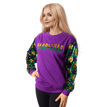 Mardi Gras Harlequin Sequin Sleeve Sweatshirt - Mardi Gras Apparel - Adult, Gold, Green - Sweatshirt