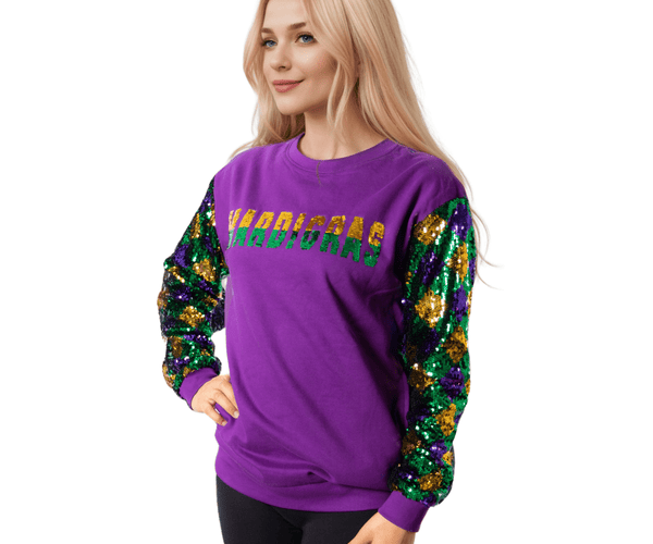 Mardi Gras Harlequin Sequin Sleeve Sweatshirt - Mardi Gras Apparel