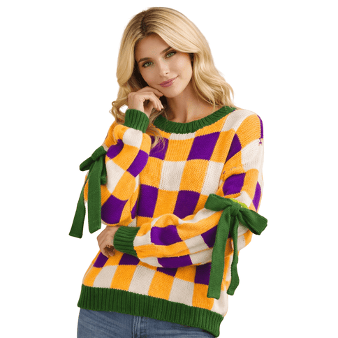 Mardi Gras Knitted Blocked Side Ribbons Sweater - Mardi Gras Apparel - Adult, Bibi, Bibi Top Chart - Sweaters