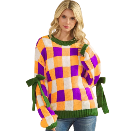 Mardi Gras Knitted Blocked Side Ribbons Sweater - Mardi Gras Apparel - Adult, Bibi, Bibi Top Chart - Sweaters