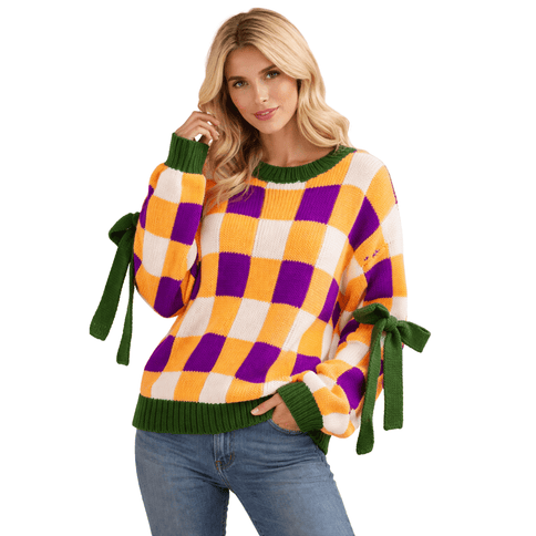 Mardi Gras Knitted Blocked Side Ribbons Sweater - Mardi Gras Apparel - Adult, Bibi, Bibi Top Chart - Sweaters