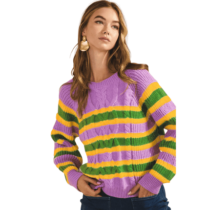 Mardi Gras Knitted Striped Crewneck Sweater - Mardi Gras Apparel - Adult, Bibi, Bibi Top Chart - Sweaters