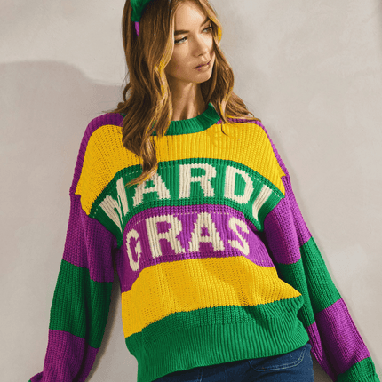 Mardi Gras Knitted Sweater - Mardi Gras Apparel - Adult, Green, Ladies - Sweaters