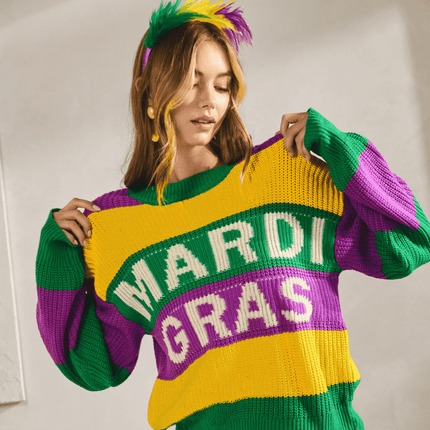 Mardi Gras Knitted Sweater - Mardi Gras Apparel - Adult, Green, Ladies - Sweaters