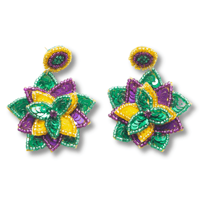 Mardi Gras Layered Flower Beaded Earrings - Mardi Gras Apparel - Accessories, Adult, Earrings - Earrings