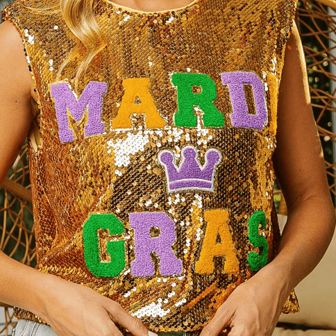 Mardi Gras Letter Patches Sequin Sleeveless Gold Top - Mardi Gras Apparel - Adult, Ladies, Mardi Gras - Sequin