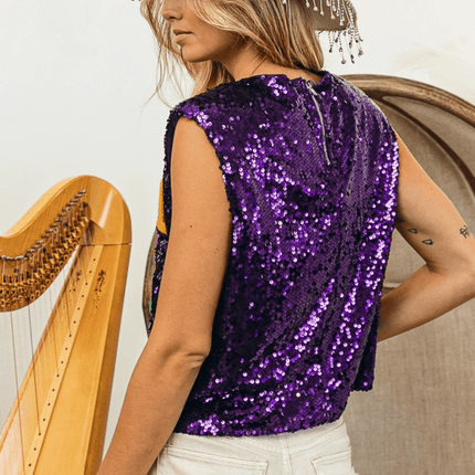 Mardi Gras Letter Patches Sequin Sleeveless Purple Top - Mardi Gras Apparel - Adult, Ladies, Mardi Gras - Sequin