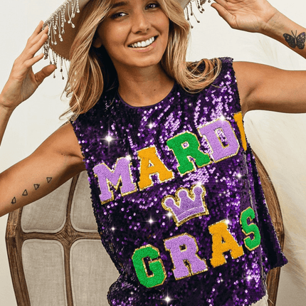 Mardi Gras Letter Patches Sequin Sleeveless Purple Top - Mardi Gras Apparel - Adult, Ladies, Mardi Gras - Sequin