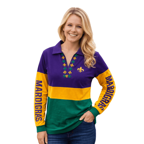 Mardi Gras Long Sleeve Polo T-Shirt - Mardi Gras Apparel - Adult, curved bottom, Green - Tee - Shirt