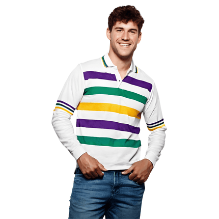 Mardi Gras Long Sleeve Striped Rugby Polo - Mardi Gras Apparel - Adult, Adult Unisex, Green - Long Sleeve Rugby Polo