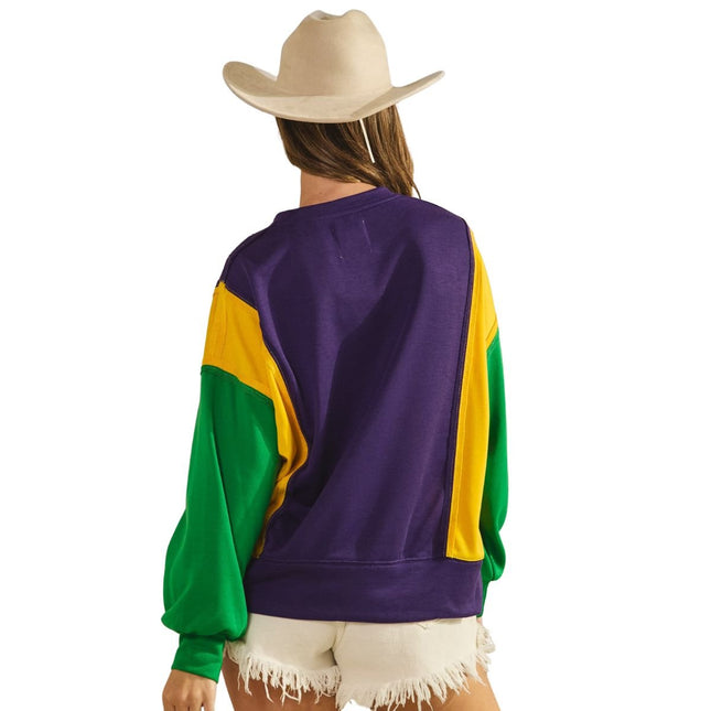 Mardi Gras Loose Fit Long Sleeves Top - Mardi Gras Apparel - Adult, Green, Ladies - Sweatshirt