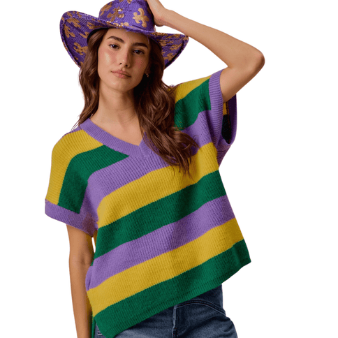 Mardi Gras Loose Fit V - Neck Stripe Sweater Top - Mardi Gras Apparel - Adult, Collared, Crew Neck - Sweater