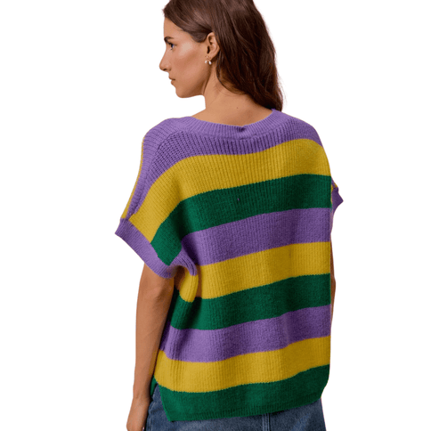 Mardi Gras Loose Fit V - Neck Stripe Sweater Top - Mardi Gras Apparel - Adult, Collared, Crew Neck - Sweater
