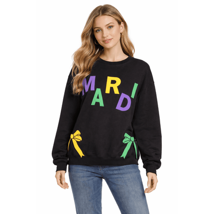 Mardi Gras “Mardi” Bow Sweatshirt - Mardi Gras Apparel - Adult, Bibi Top Chart, Black - Sweatshirt