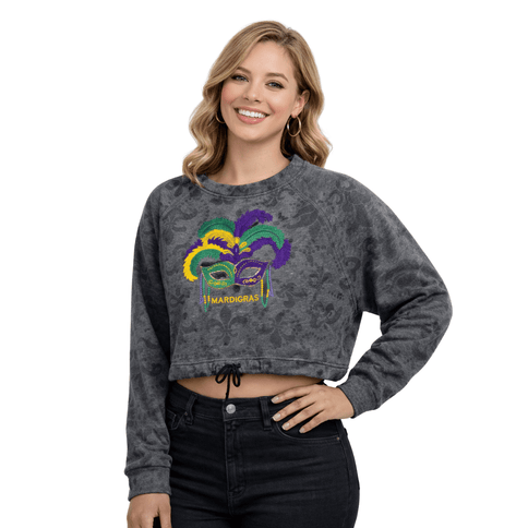 Mardi Gras Mask Crop Top Sweatshirt - Mardi Gras Apparel - Adult, Ladies, Long Sleeve - Crop Top
