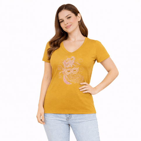 Mardi Gras Mask Rhinestone V - Neck Tee - Shirt - Mardi Gras Apparel - 100% Cotton, Adult, apparel discount tier - Rhinestone Tee - Shirt